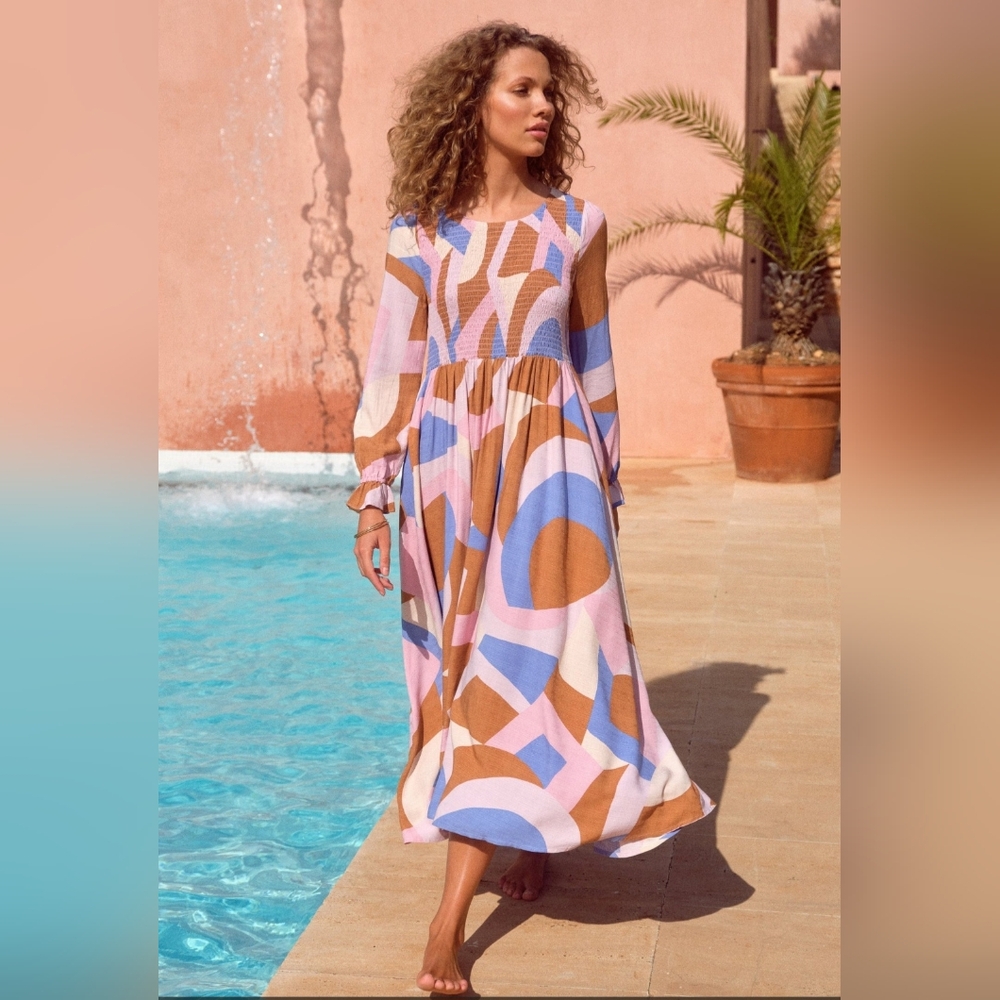 Abstract Print Long Sleeve Midi Dress in Pink, Blue & Tan